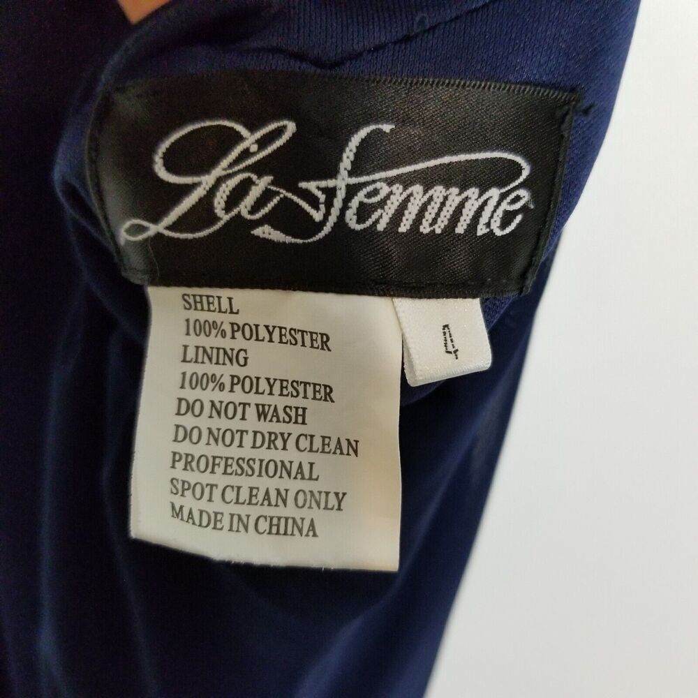 La Femme Women Keyhole Elegant Formal Gown Sz 4 Navy Chiffon Open Back Event - Picture 8 of 8